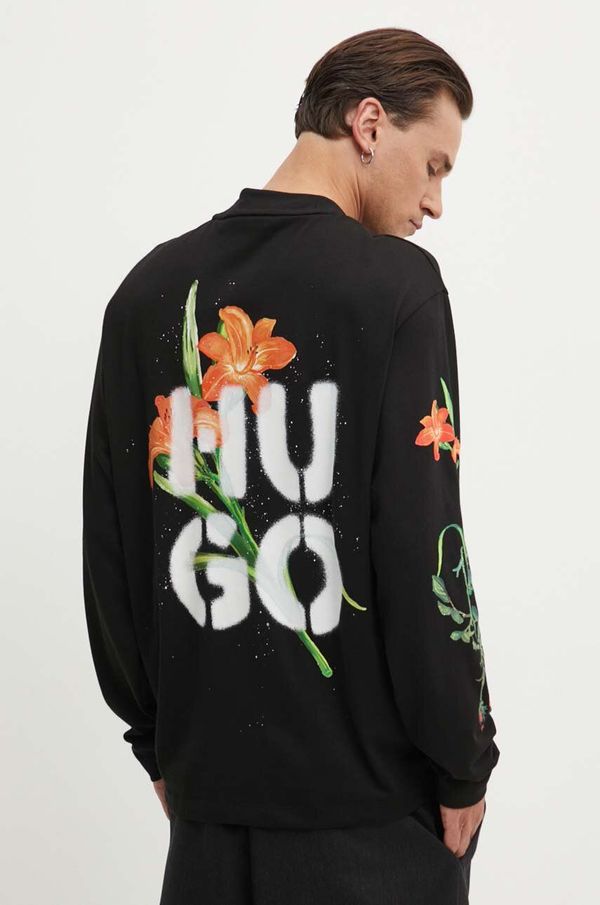 Hugo Bombažna majica z dolgimi rokavi HUGO črna barva, 50517427