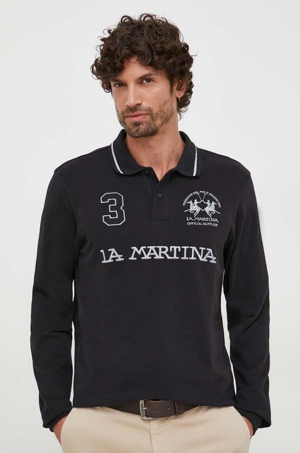 La Martina Bombažna majica z dolgimi rokavi La Martina črna barva