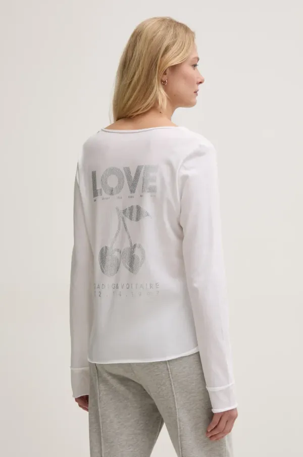 Zadig&Voltaire Bombažna majica z dolgimi rokavi ZADIG&VOLTAIRE bela barva, JWTN02607