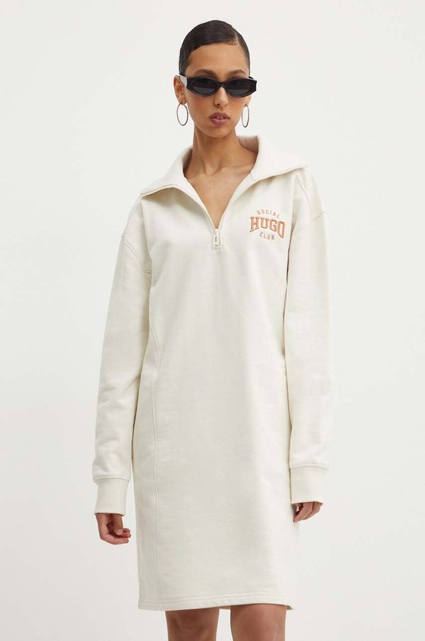 HUGO Bombažna obleka HUGO bež barva, 50517130