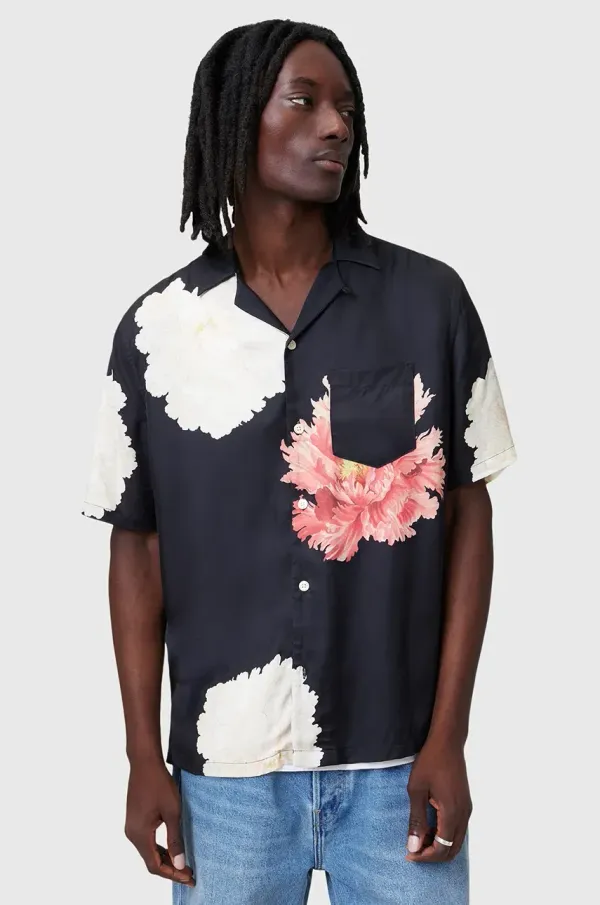 AllSaints Bombažna srajca AllSaints FLEUR moška, črna barva, M058SC