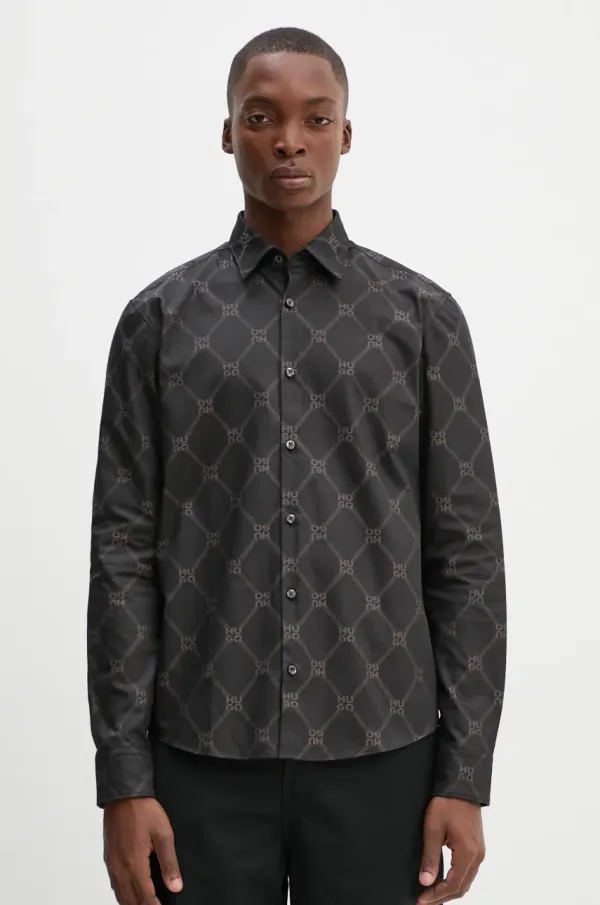 HUGO Bombažna srajca HUGO moška, črna barva, 50527459