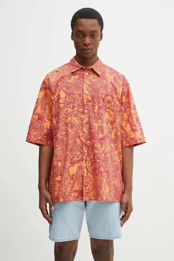 Marcelo Burlon Bombažna srajca Marcelo Burlon Aop Mech Bowling Shirt Orange Burgundy