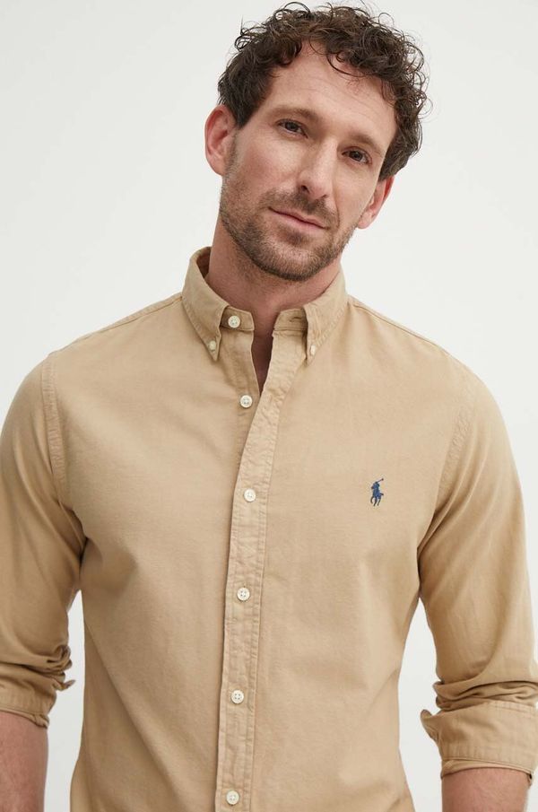Polo Ralph Lauren Bombažna srajca Polo Ralph Lauren moška, bež barva, 710889739001
