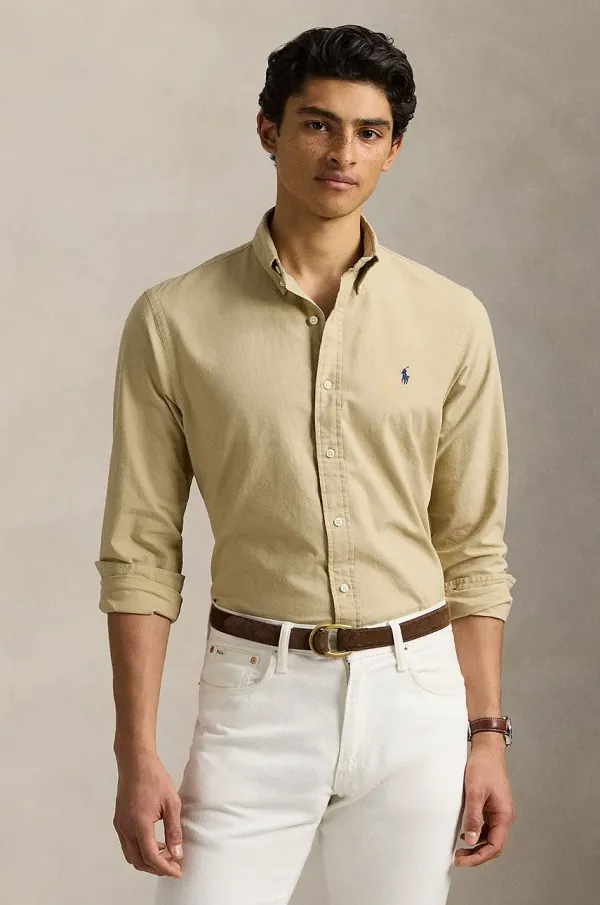 Polo Ralph Lauren Bombažna srajca Polo Ralph Lauren moška, bež barva, 710960643