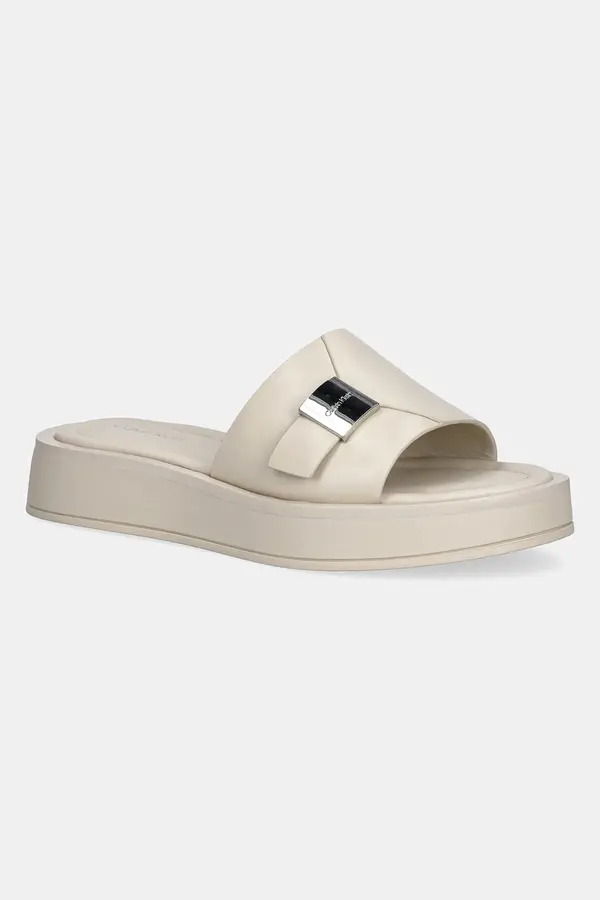 Calvin Klein Calvin Klein Usnjeni natikači Calvin Klein FLATFORM SLIDE W/CK HW - LTH