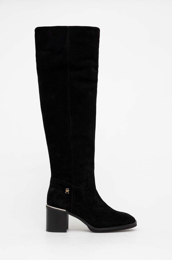 Tommy Hilfiger Elegantni škornji iz semiša Tommy Hilfiger FEMININE SUEDE OVERKNEE BOOT ženski, črna barva, FW0FW07667