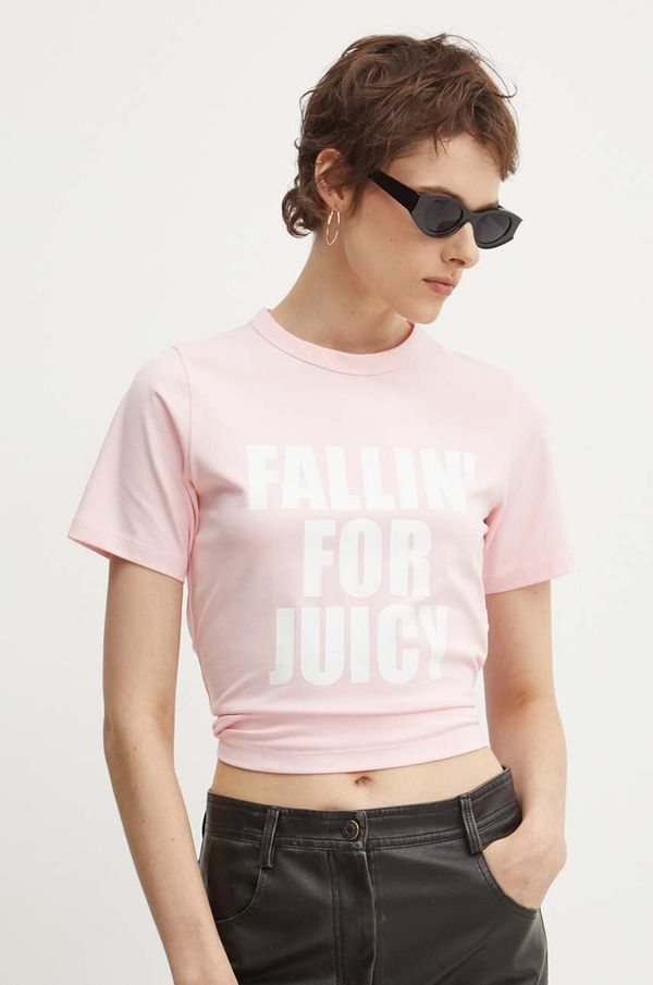 Juicy Couture Kratka majica Juicy Couture FALLIN FOR JUICY FITTED TSHIRT ženska, roza barva, JCGCT224020