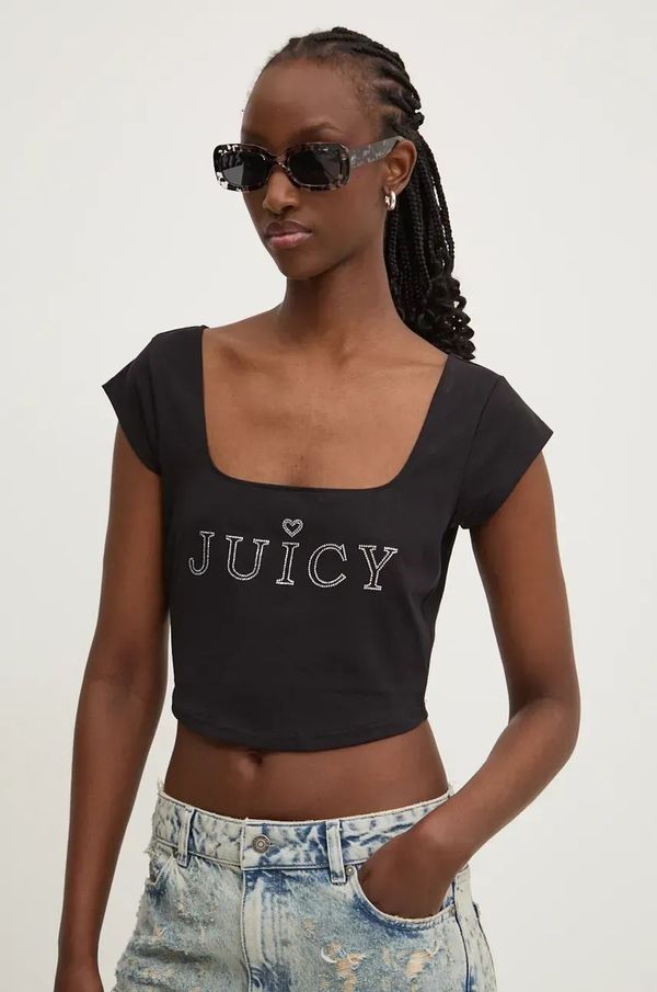 Juicy Couture Kratka majica Juicy Couture REGAL SQUARE NECK CROPPED TEE ženska, črna barva, JCBCT224831