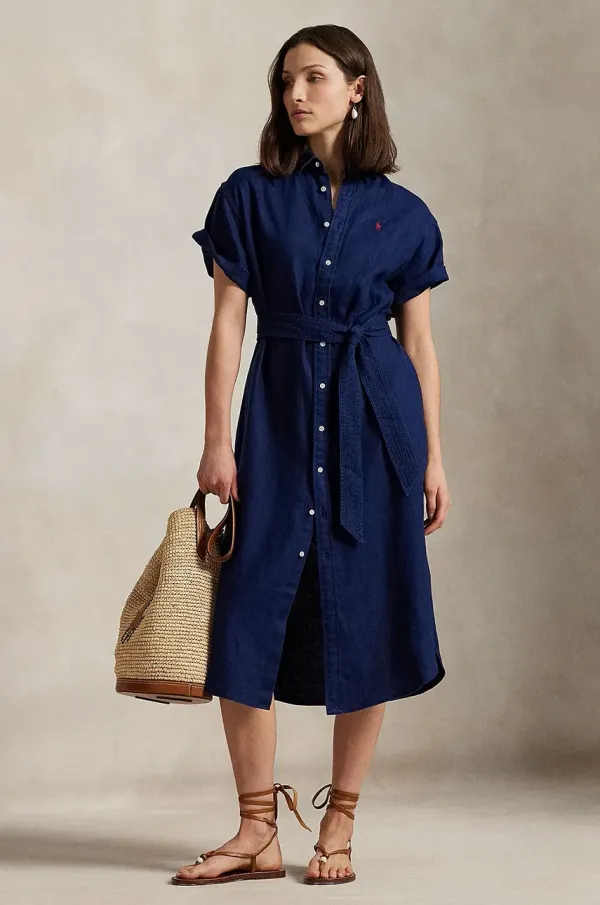 Polo Ralph Lauren Lanena obleka Polo Ralph Lauren mornarsko modra barva, 211959912
