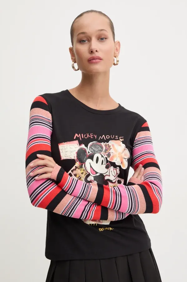 Desigual Majica z dolgimi rokavi Desigual PATCHMICKEY ženska, črna barva, 24WWTKA2