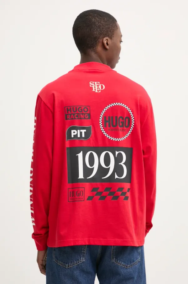 HUGO Majica z dolgimi rokavi HUGO moška, rdeča barva, 50531250