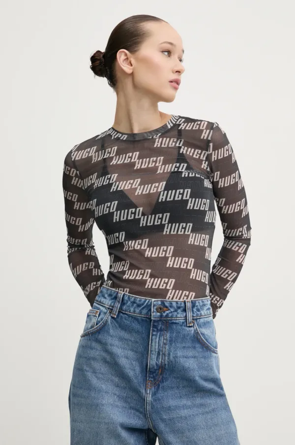 HUGO Majica z dolgimi rokavi HUGO ženska, siva barva, 50534837