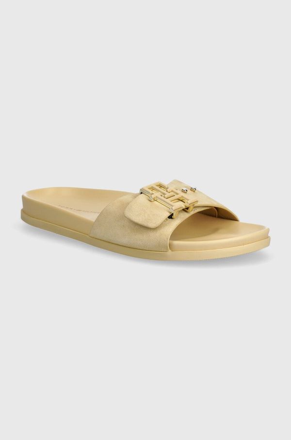 Tommy Hilfiger Natikači iz semiša Tommy Hilfiger TH HARDWARE SUEDE FLAT SANDAL ženski, bež barva, FW0FW07935