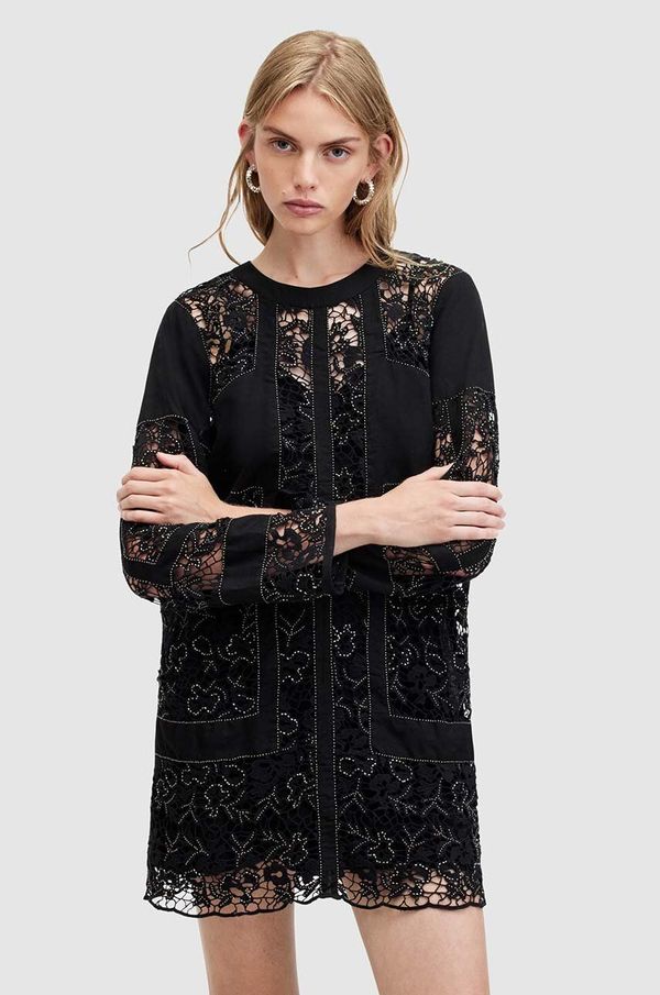 AllSaints Obleka iz mešanice lana AllSaints NOUSH EMB DRESS črna barva, WD591Z