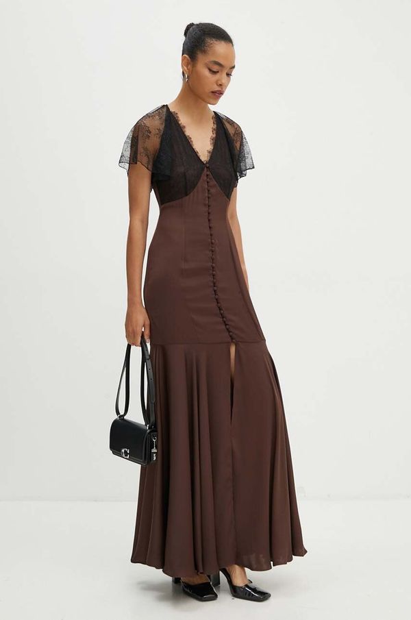 Rotate Obleka Rotate Lace Maxi V-Neck Dress rjava barva, 1127042910