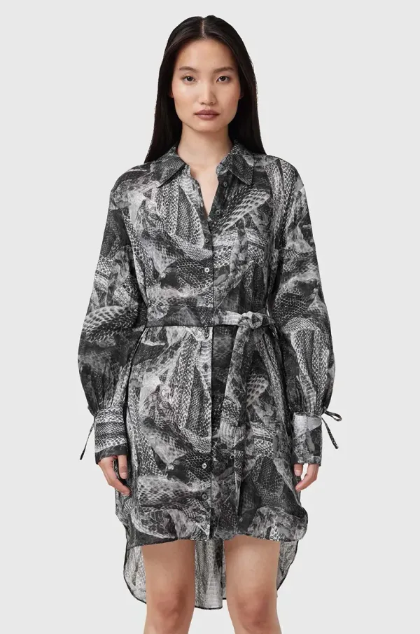 AllSaints Obleka s primesjo svile AllSaints LEYLA siva barva, W081DC