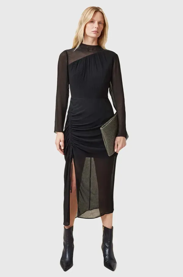 AllSaints Obleka s primesjo svile AllSaints RIZO črna barva, W085DC