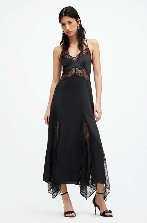 AllSaints Obleka s svilo AllSaints JASMINE DRESS črna barva, W063DA