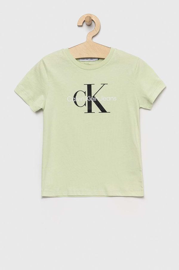 Calvin Klein Jeans Otroška bombažna kratka majica Calvin Klein Jeans zelena barva