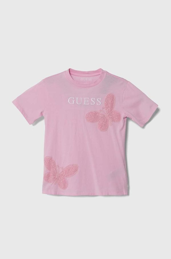 Guess Otroška bombažna kratka majica Guess roza barva