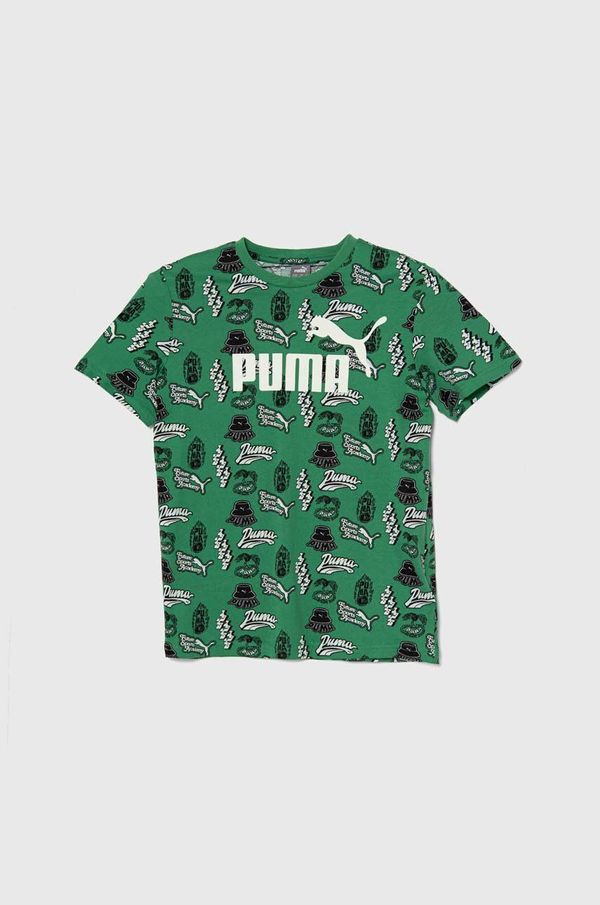 Puma Otroška bombažna kratka majica Puma ESS+ MID 90s AOP B zelena barva