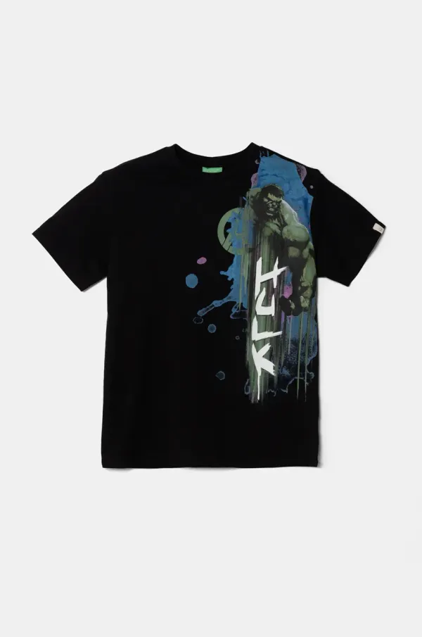 United Colors of Benetton Otroška bombažna kratka majica United Colors of Benetton x Marvel črna barva, 35RYC10N9