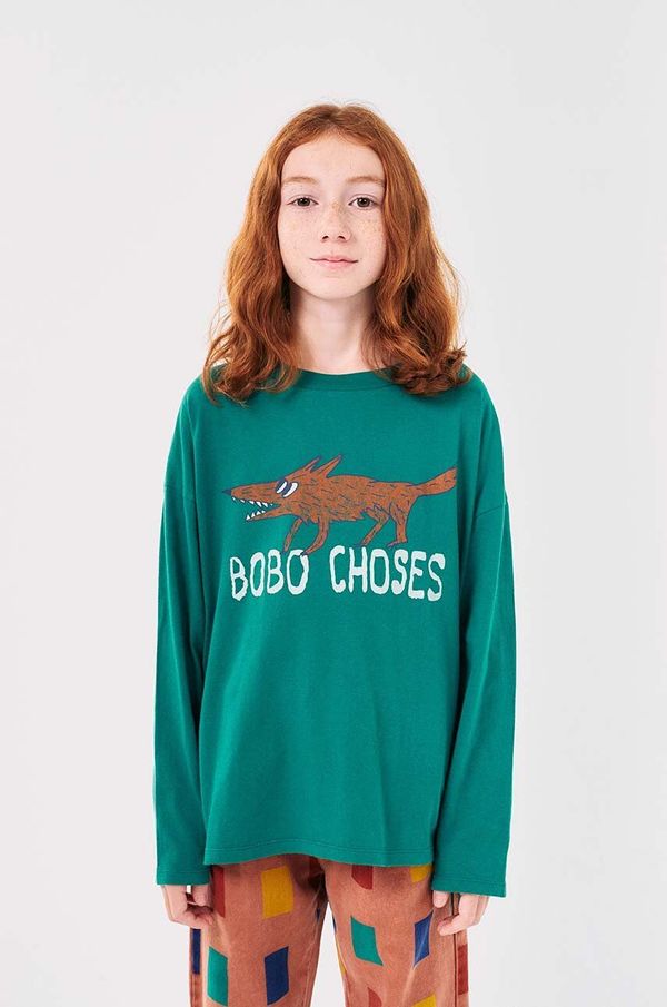 Bobo Choses Otroška bombažna majica z dolgimi rokavi Bobo Choses The Clever Fox zelena barva, 224AC019