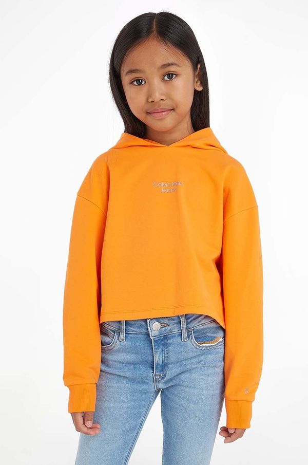 Calvin Klein Jeans Otroška mikica Calvin Klein Jeans oranžna barva, s kapuco