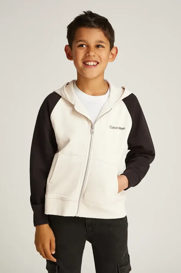 Calvin Klein Jeans Otroški bombažen pulover Calvin Klein Jeans bež barva, s kapuco, IB0IB02378
