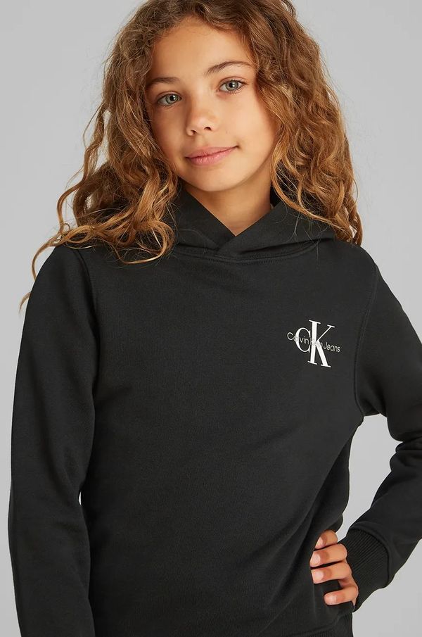 Calvin Klein Jeans Otroški bombažen pulover Calvin Klein Jeans črna barva, s kapuco