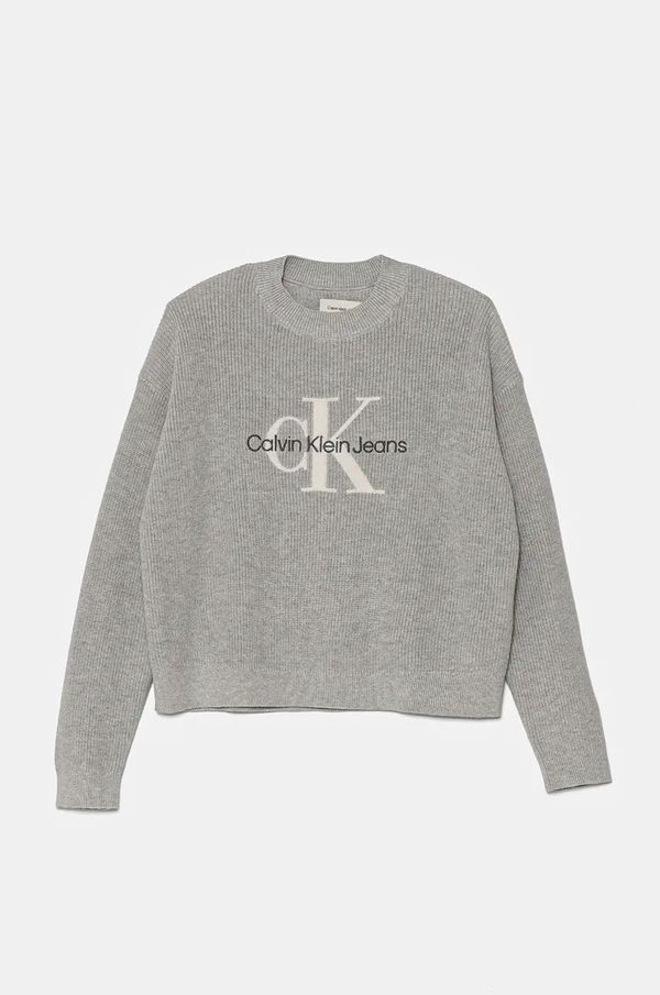 Calvin Klein Jeans Otroški bombažen pulover Calvin Klein Jeans siva barva, IG0IG02647