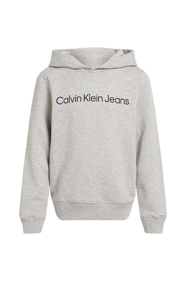 Calvin Klein Jeans Otroški bombažen pulover Calvin Klein Jeans siva barva, s kapuco, IU0IU00601