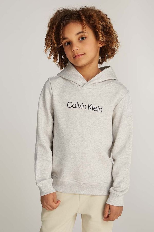 Calvin Klein Jeans Otroški bombažen pulover Calvin Klein Jeans siva barva, s kapuco, IU0IU00679