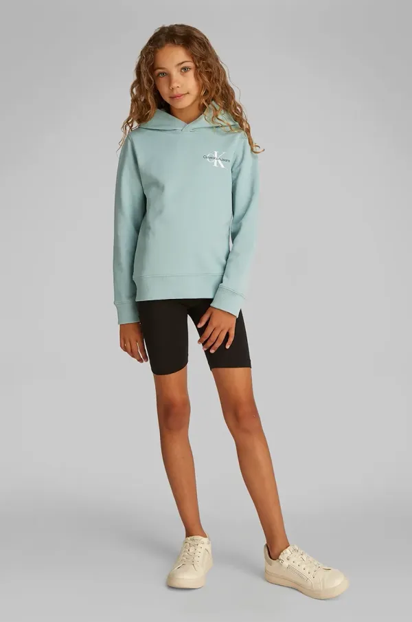 Calvin Klein Jeans Otroški bombažen pulover Calvin Klein Jeans turkizna barva, s kapuco, IU0IU00266