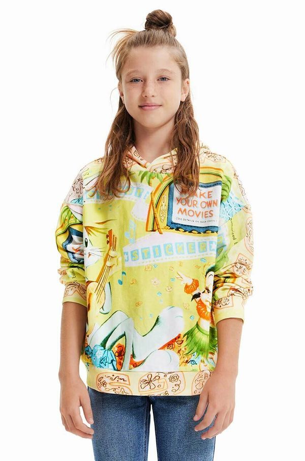 Desigual Otroški bombažen pulover Desigual Bugs Bunny rumena barva, s kapuco