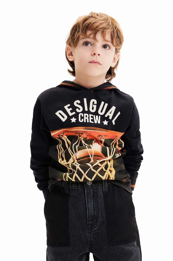 Desigual Otroški bombažen pulover Desigual črna barva, s kapuco