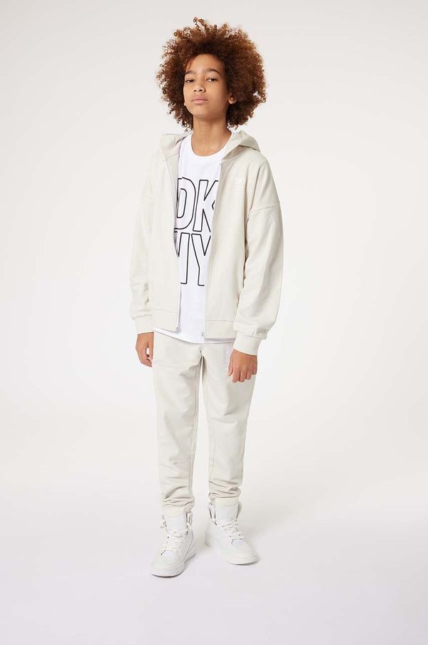DKNY Otroški bombažen pulover Dkny bela barva, s kapuco