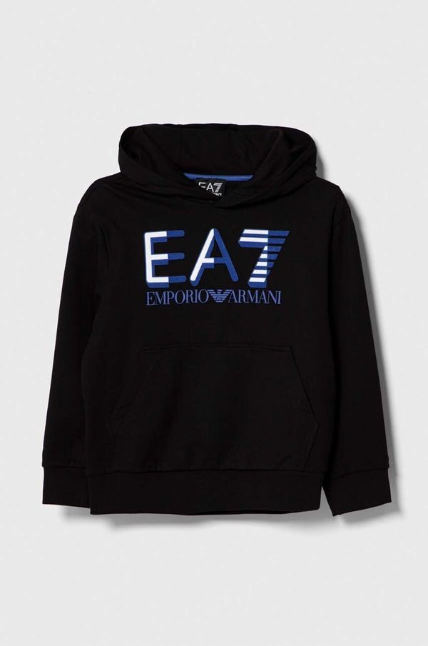 EA7 Emporio Armani Otroški bombažen pulover EA7 Emporio Armani črna barva, s kapuco