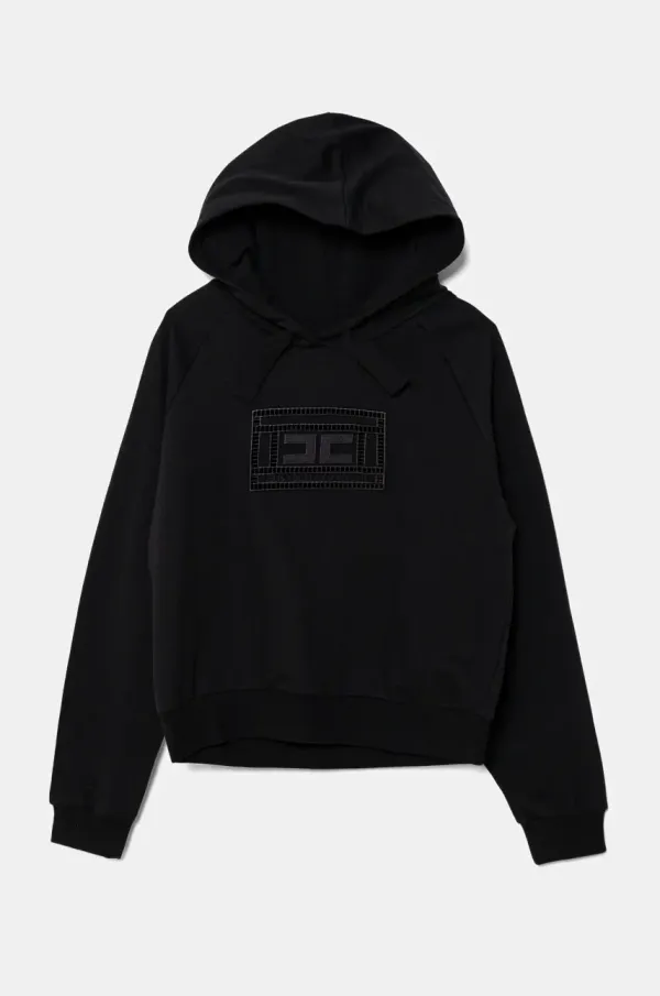 Elisabetta Franchi Otroški bombažen pulover Elisabetta Franchi črna barva, s kapuco, EFFE147.0.FF002