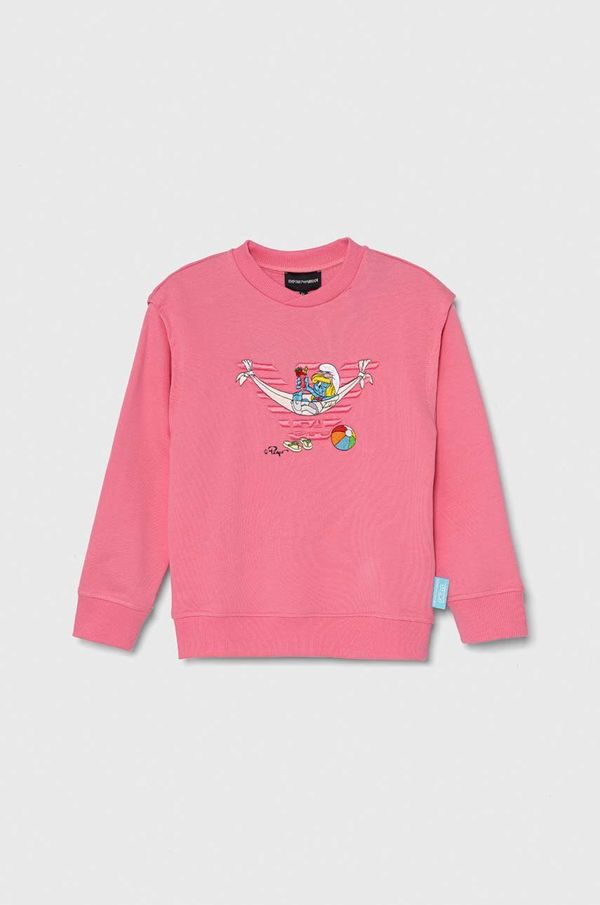 Emporio Armani Otroški bombažen pulover Emporio Armani x The Smurfs roza barva