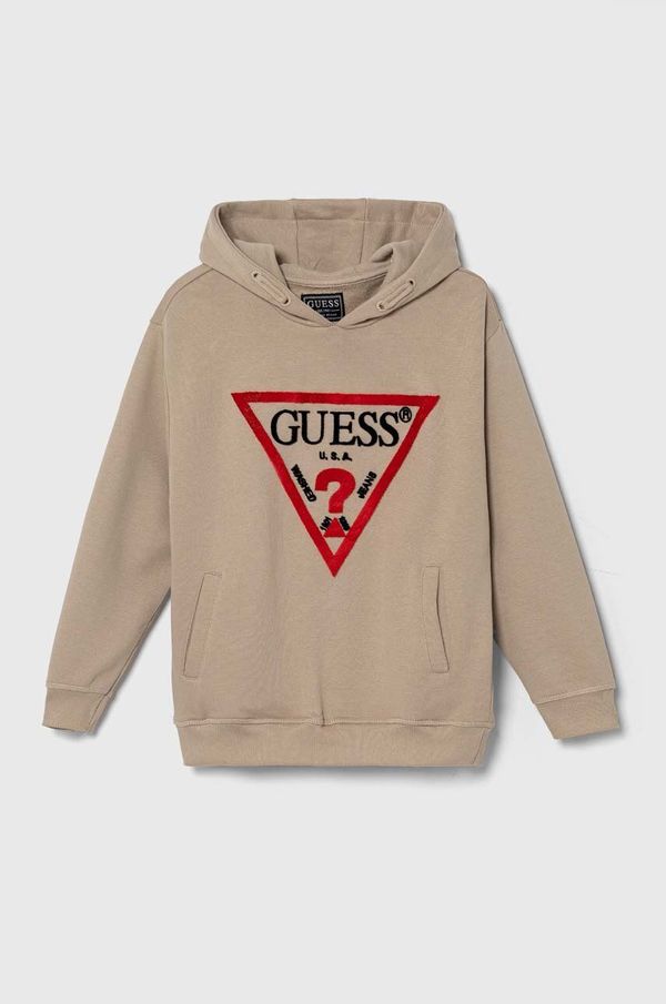 Guess Otroški bombažen pulover Guess bež barva, s kapuco, L4RQ23 KAD74