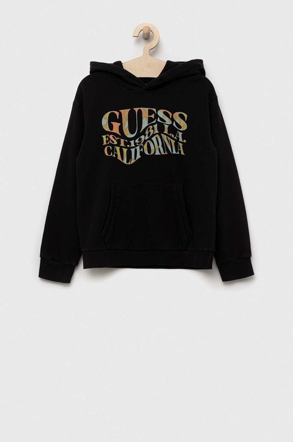 Guess Otroški bombažen pulover Guess črna barva, s kapuco