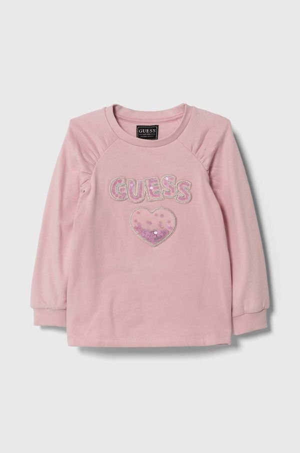 Guess Otroški bombažen pulover Guess roza barva