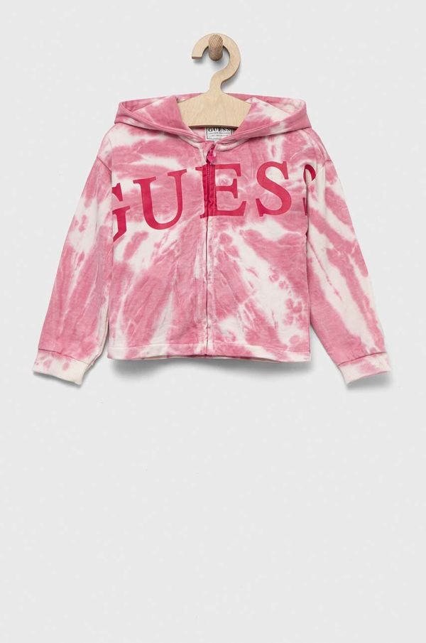 Guess Otroški bombažen pulover Guess roza barva, s kapuco