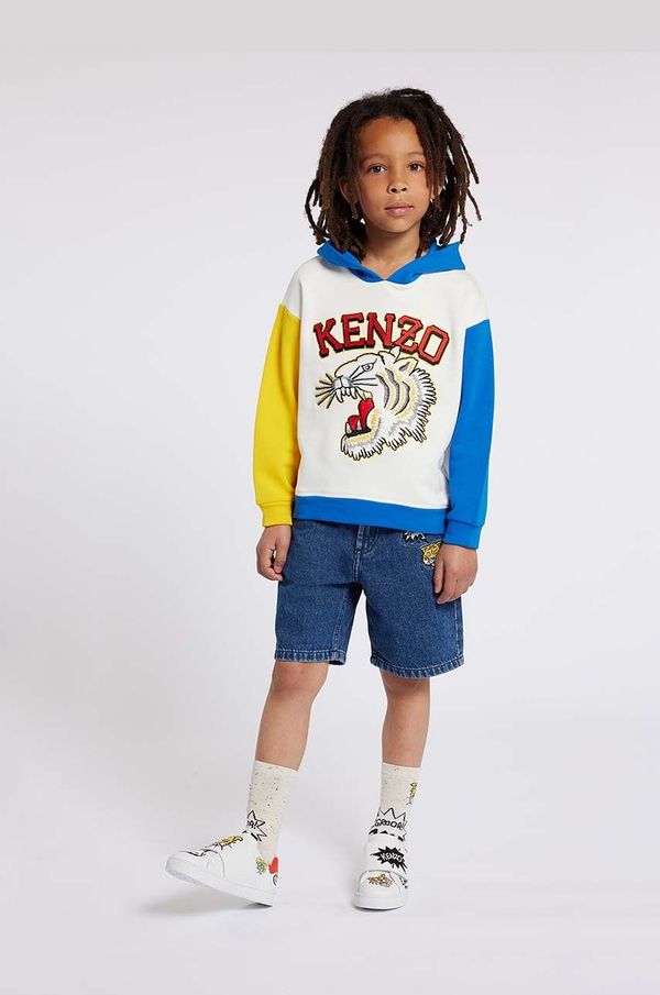 Kenzo kids Otroški bombažen pulover Kenzo Kids bela barva, s kapuco