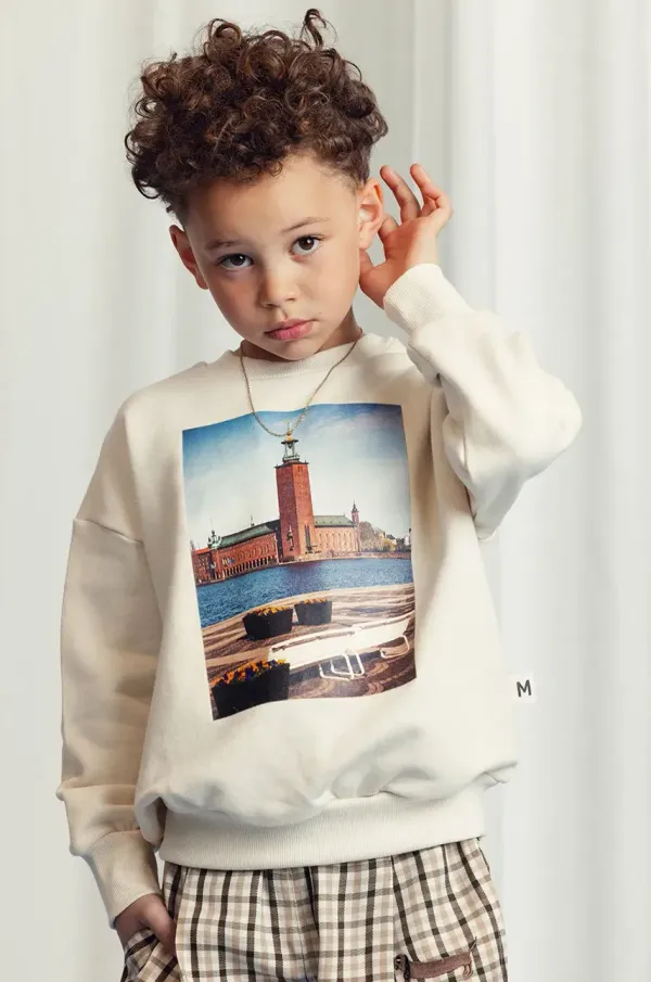 Mini Rodini Otroški bombažen pulover Mini Rodini City hall bež barva, 2522012711