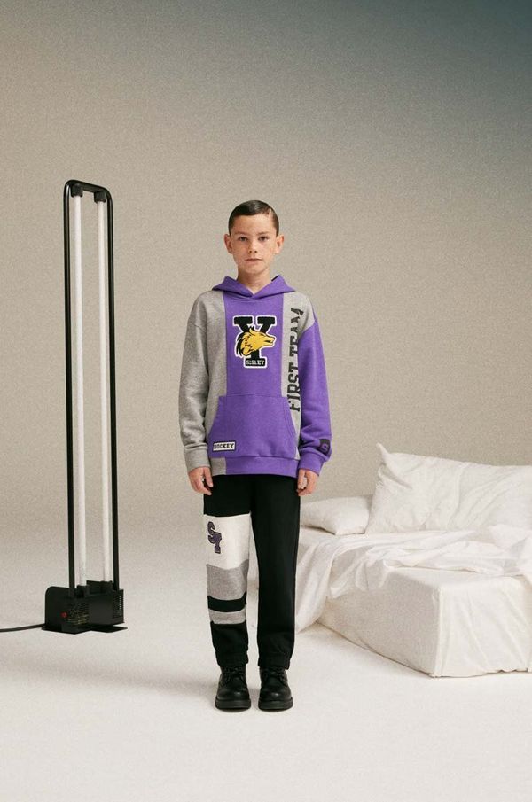 Sisley Otroški bombažen pulover Sisley vijolična barva, s kapuco