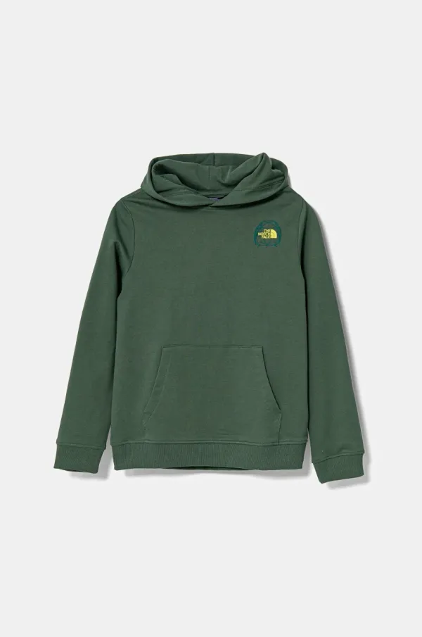 The North Face Otroški bombažen pulover The North Face GRAPHIC RELAXED HOODIE zelena barva, s kapuco, NF0A8AXTHCH1