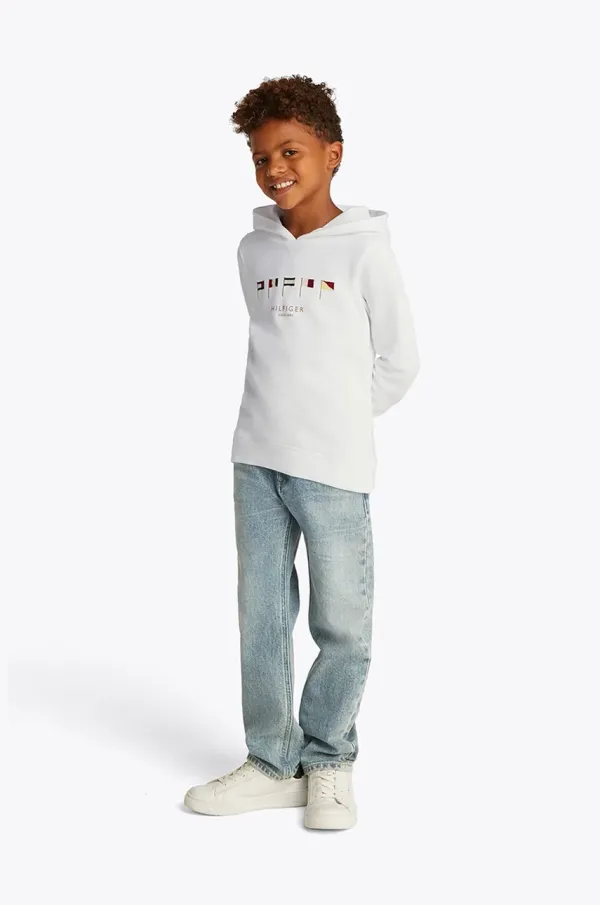 Tommy Hilfiger Otroški bombažen pulover Tommy Hilfiger bela barva, s kapuco, KB0KB09576